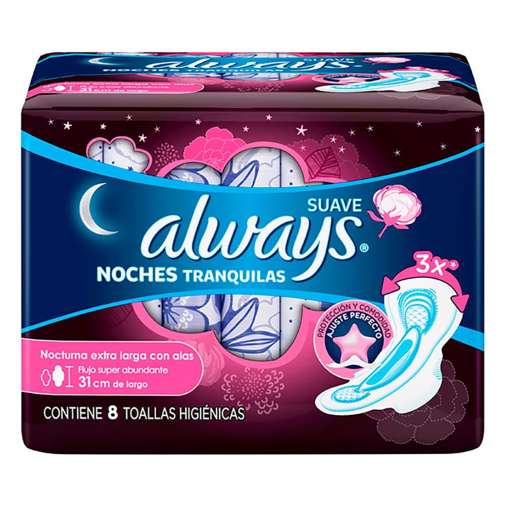 Toallas Sanitarias Always Nocturnas con Alas 8 pz