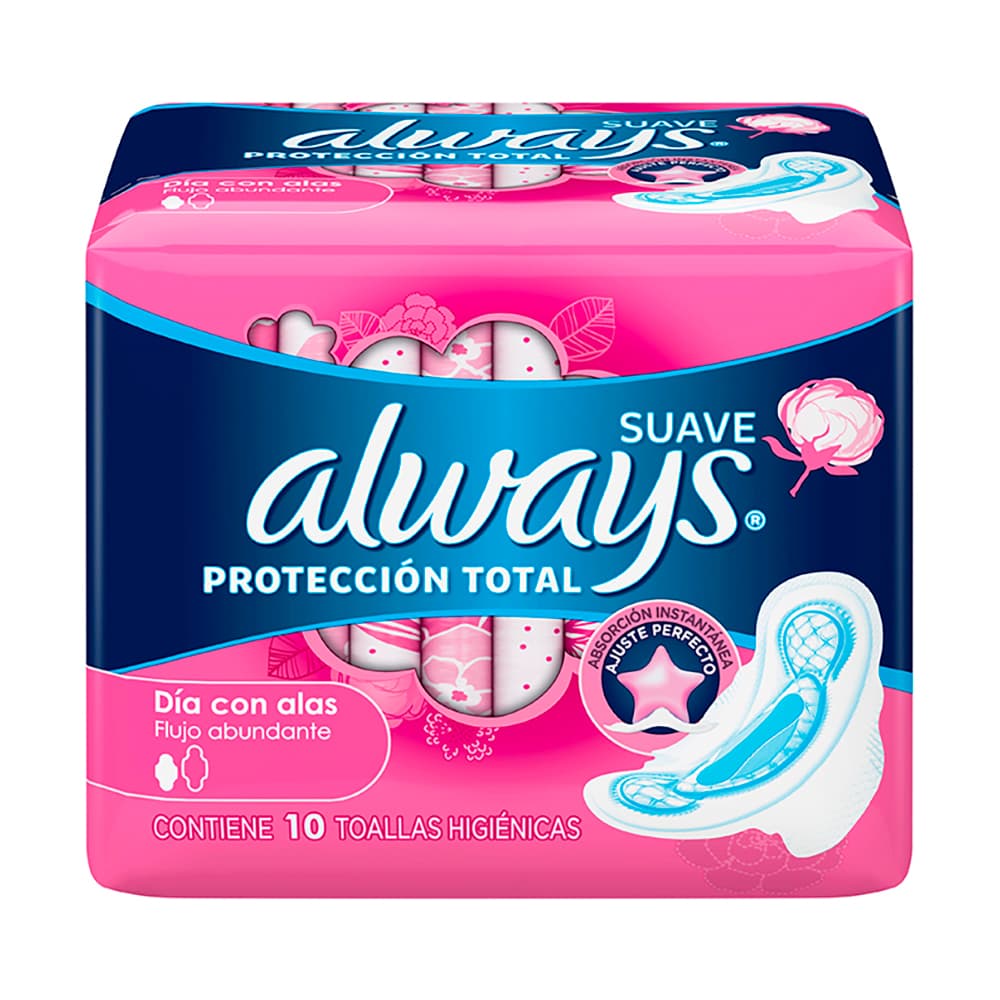 ALWAYS SUAVE TOALLAS FLUJO ABUNDANTE C/ALAS 10 pz