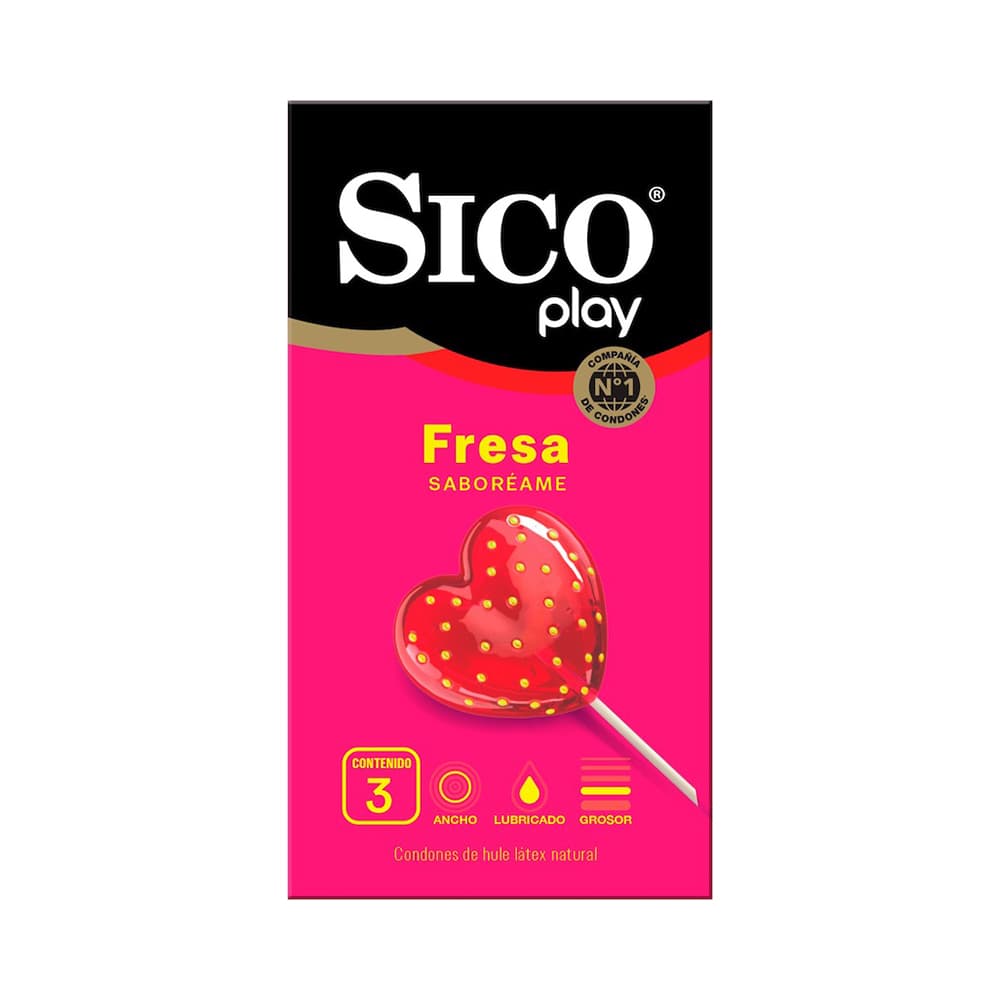 Sico Play Texturizado Condones de Látex Sabor Fresa 3 Piezas