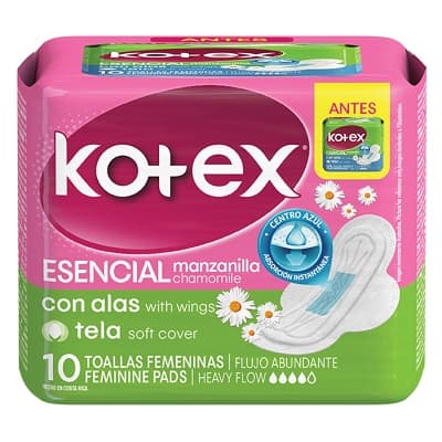 KOTEX TOALLA SANITARIA ESENCIAL C/ALAS MANZANILLA 10 UD