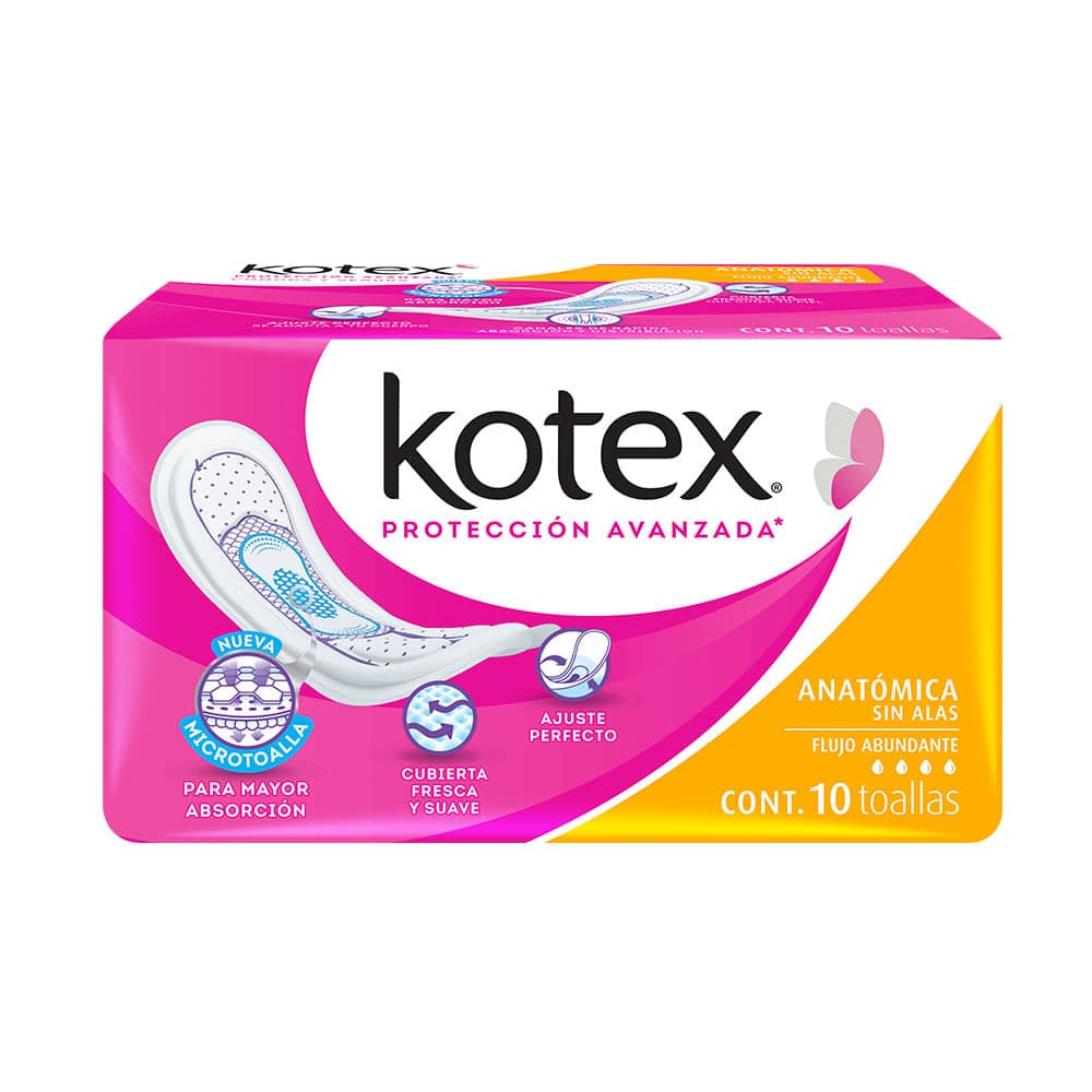 Kotex anatomica sin alas flujo abundante con 10 piezas