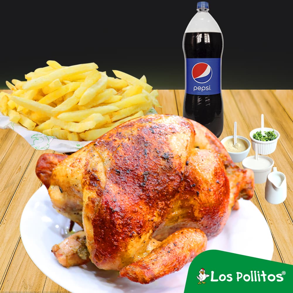 1 Pollo a la Brasa con Papas Fritas y Gaseosa 2 L
