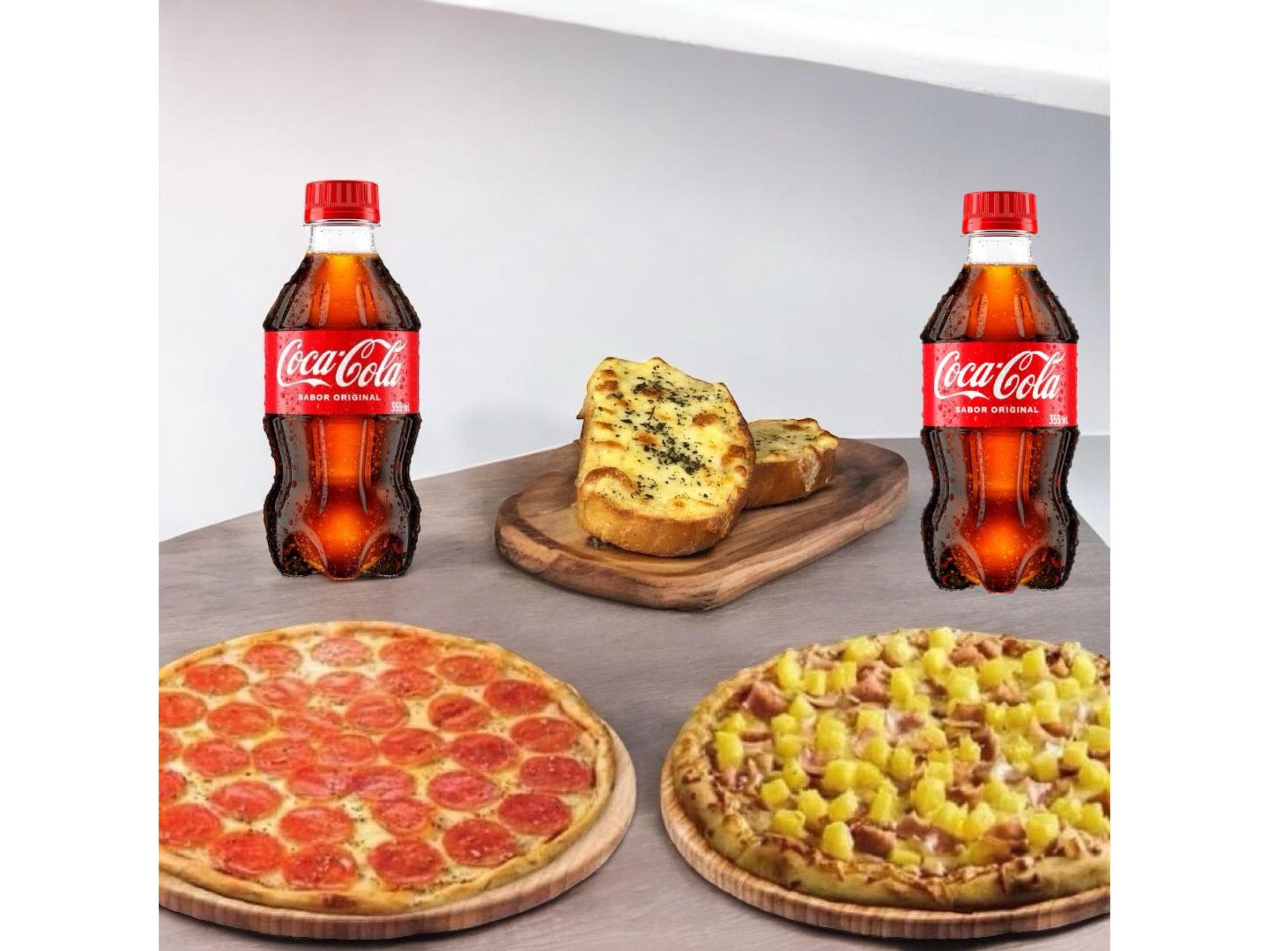 Pizzas 10" 6 porciones + pan de ajo y bebidas355ml