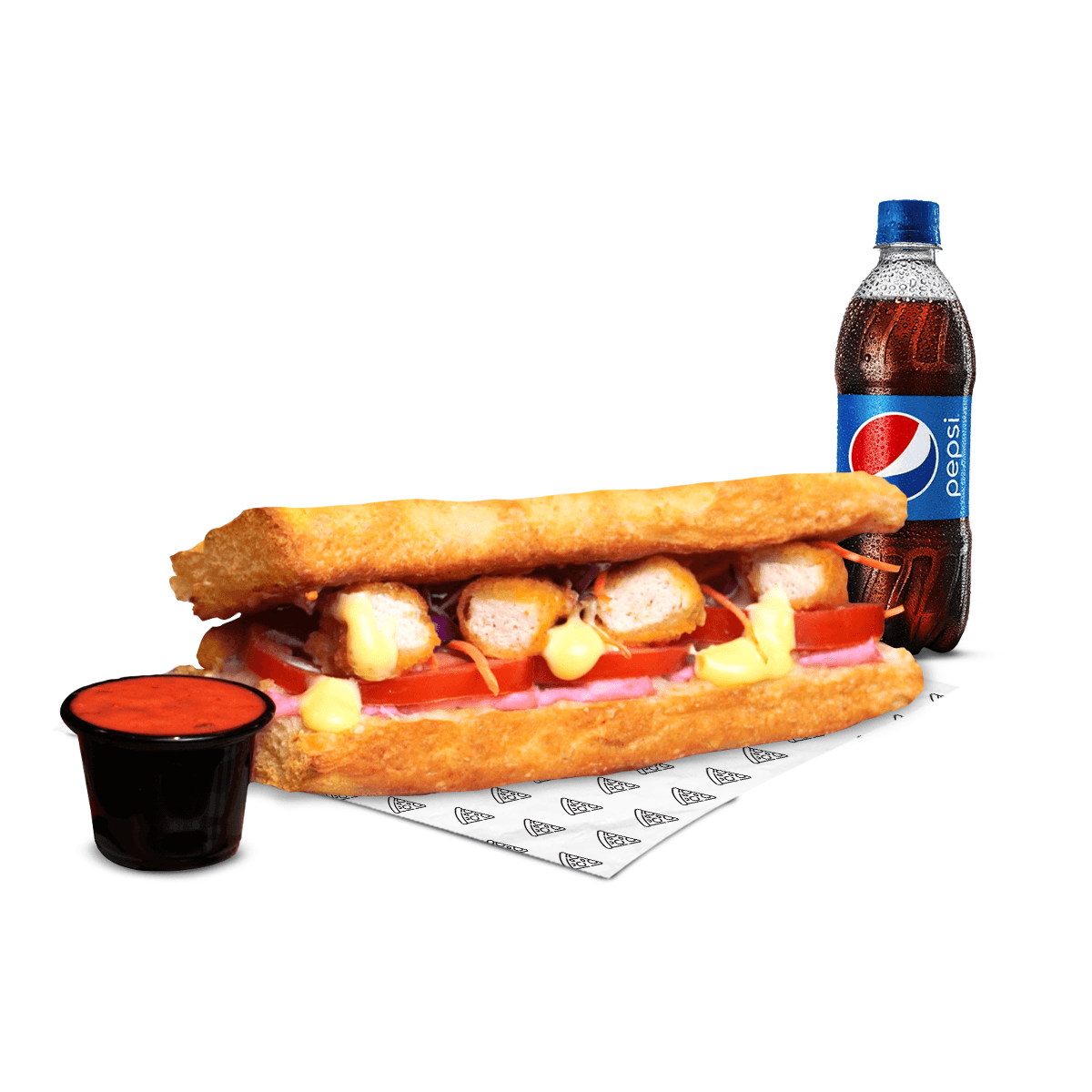 Pizzandwich Chicken Crispy, Pepsi 355 ml y Salsa