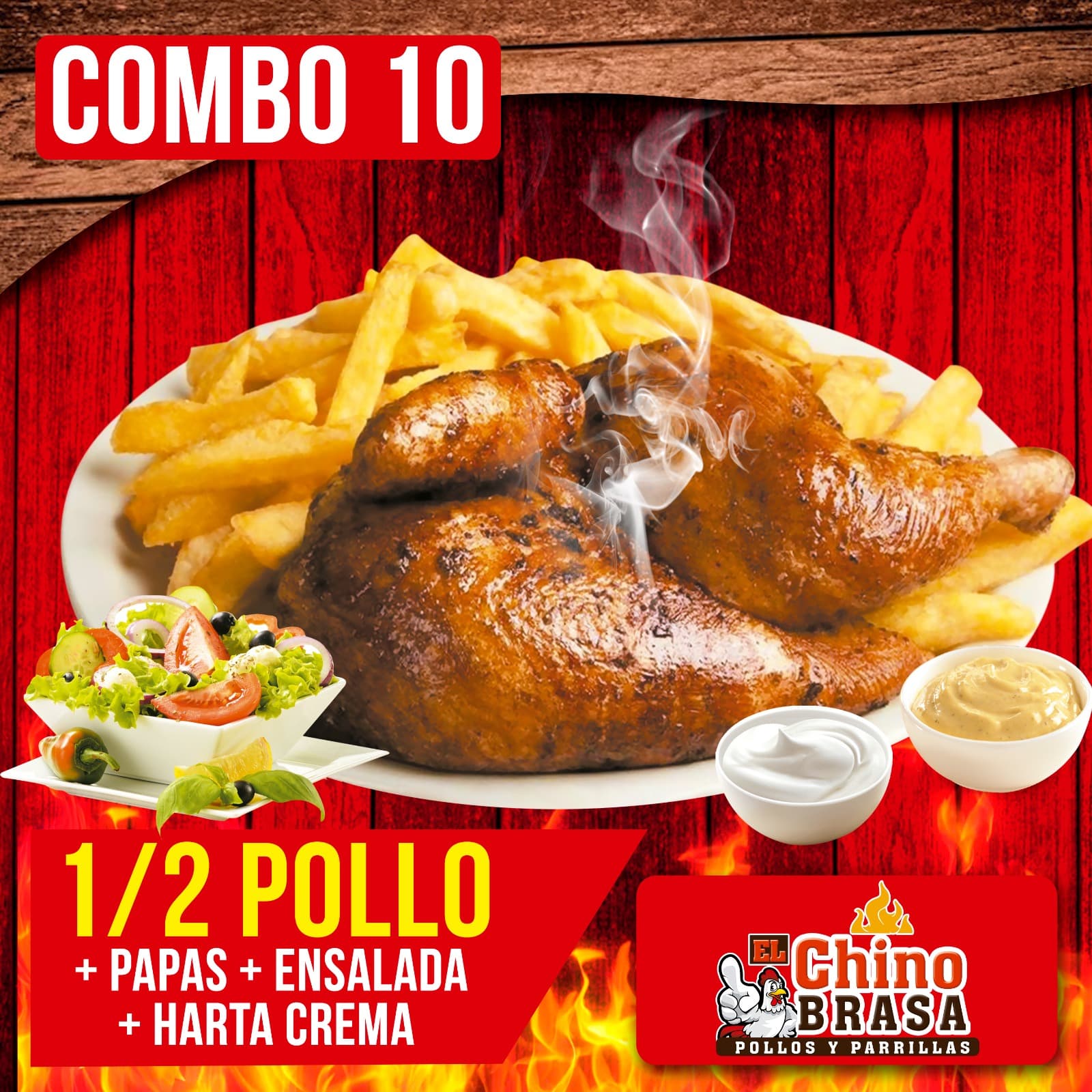 C10: 1/2 Pollo, Papas Fritas más Ensalada