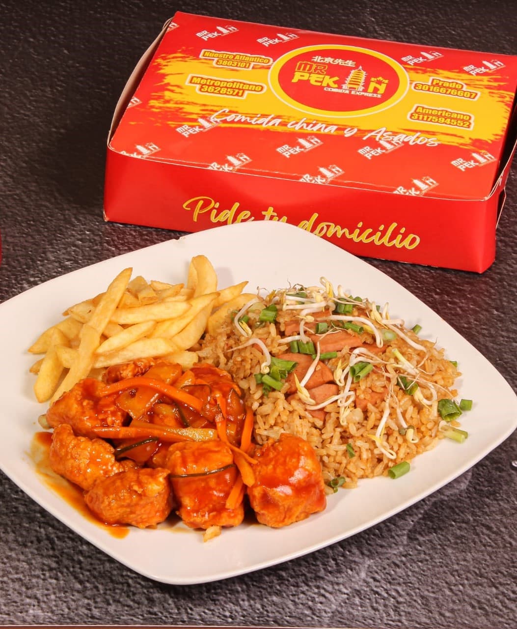 Combo Pollo Agridulce + Arroz + Papas +Bebida