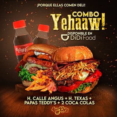 Combo Yehaaw 2hamburguesas+Papas Teddys+2cocacolas