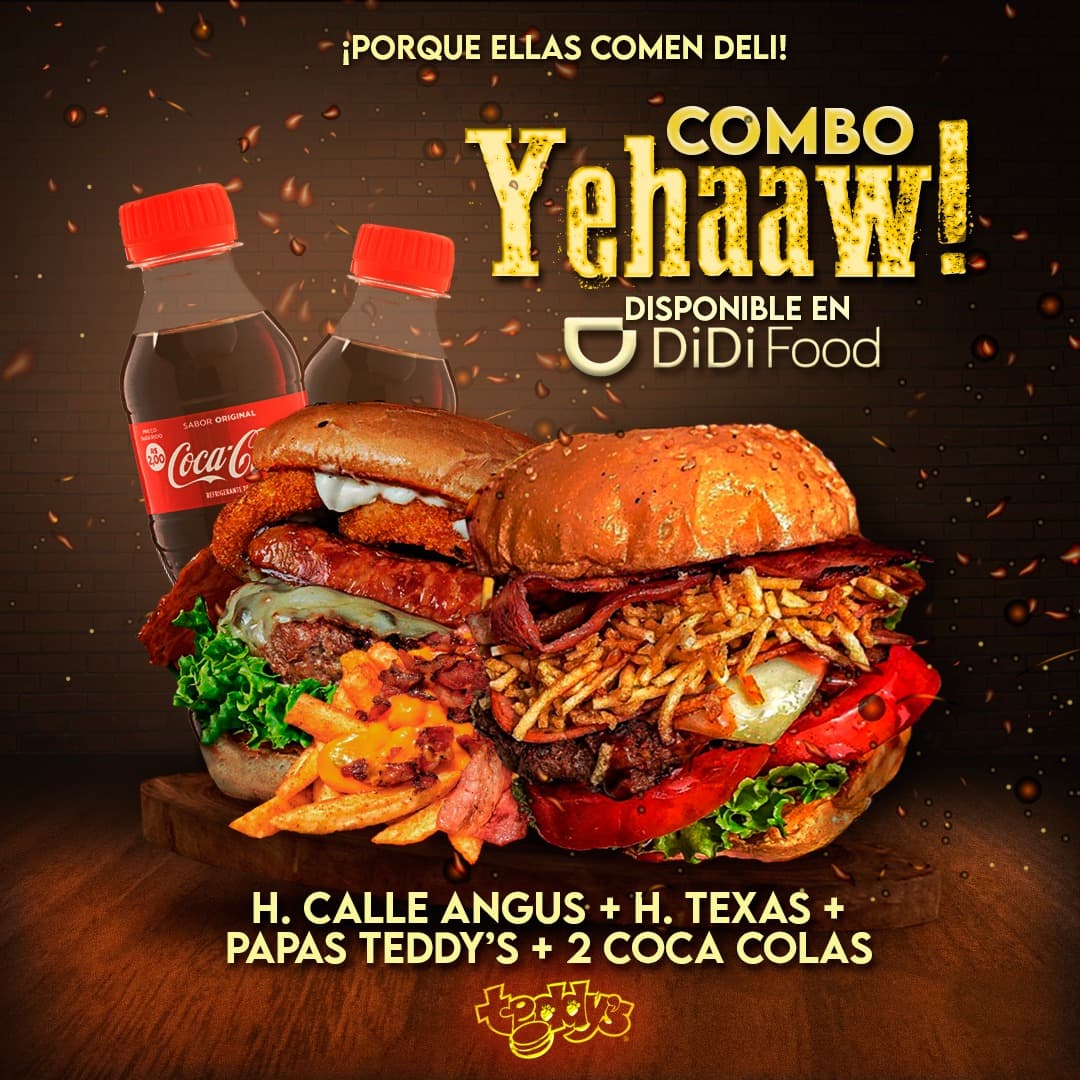 Combo Yehaaw 2hamburguesas+Papas Teddys+2cocacolas