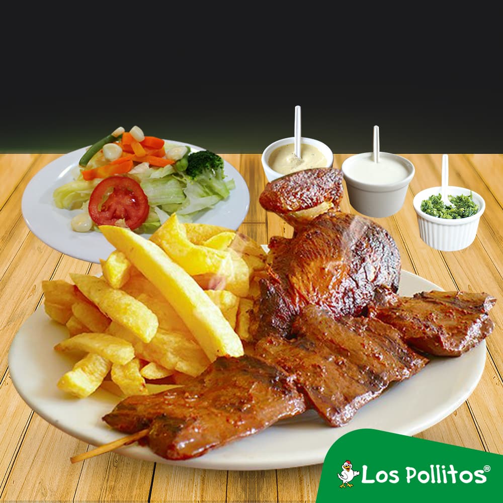 1/4 de Pollo a la Brasa con Anticucho o Chorizo