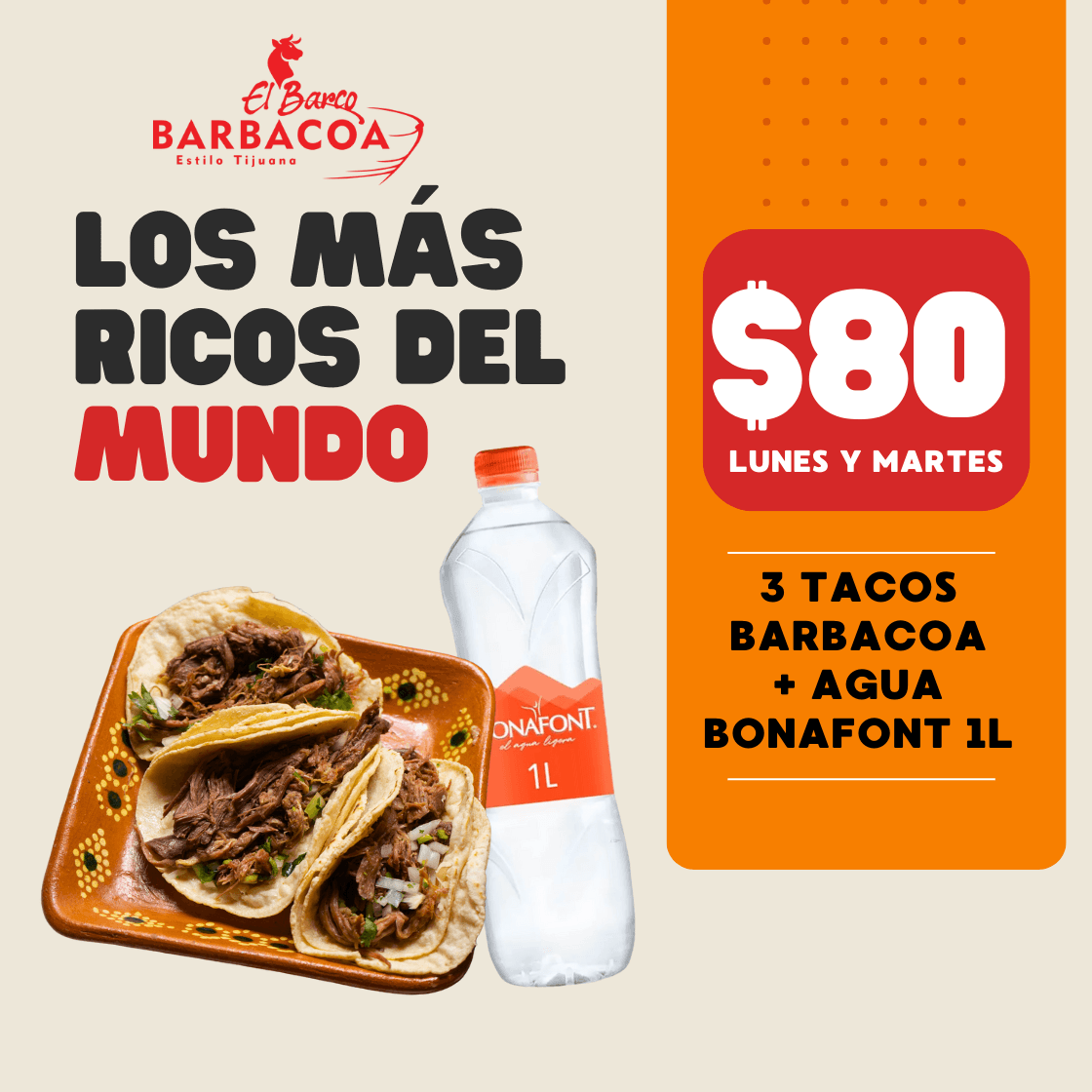 3 Taco Suaves + 1 Agua 1 L.  Promo Lunes y Martes