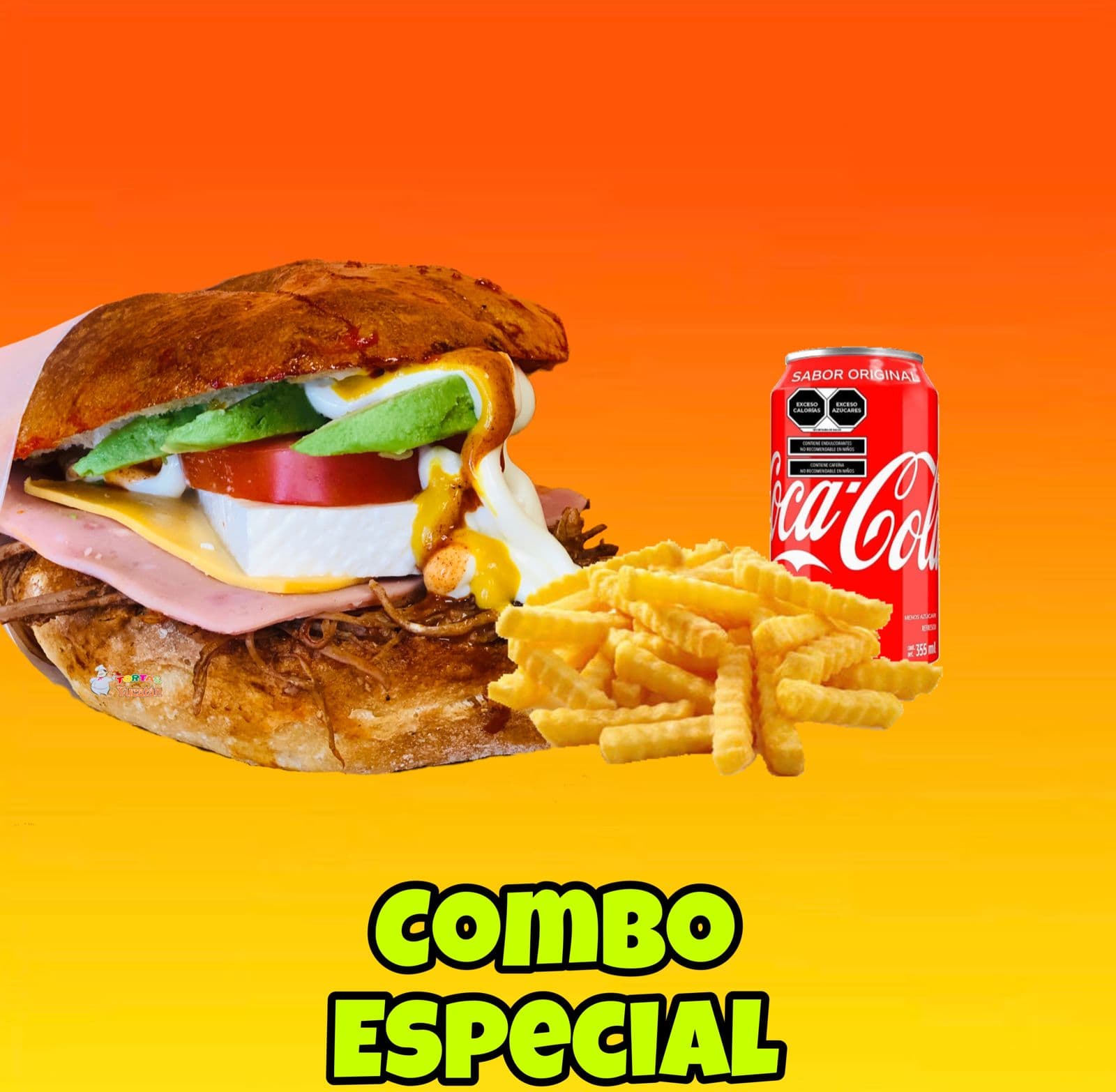 Torta Yucatan Especial + Papas Fritas + Soda.