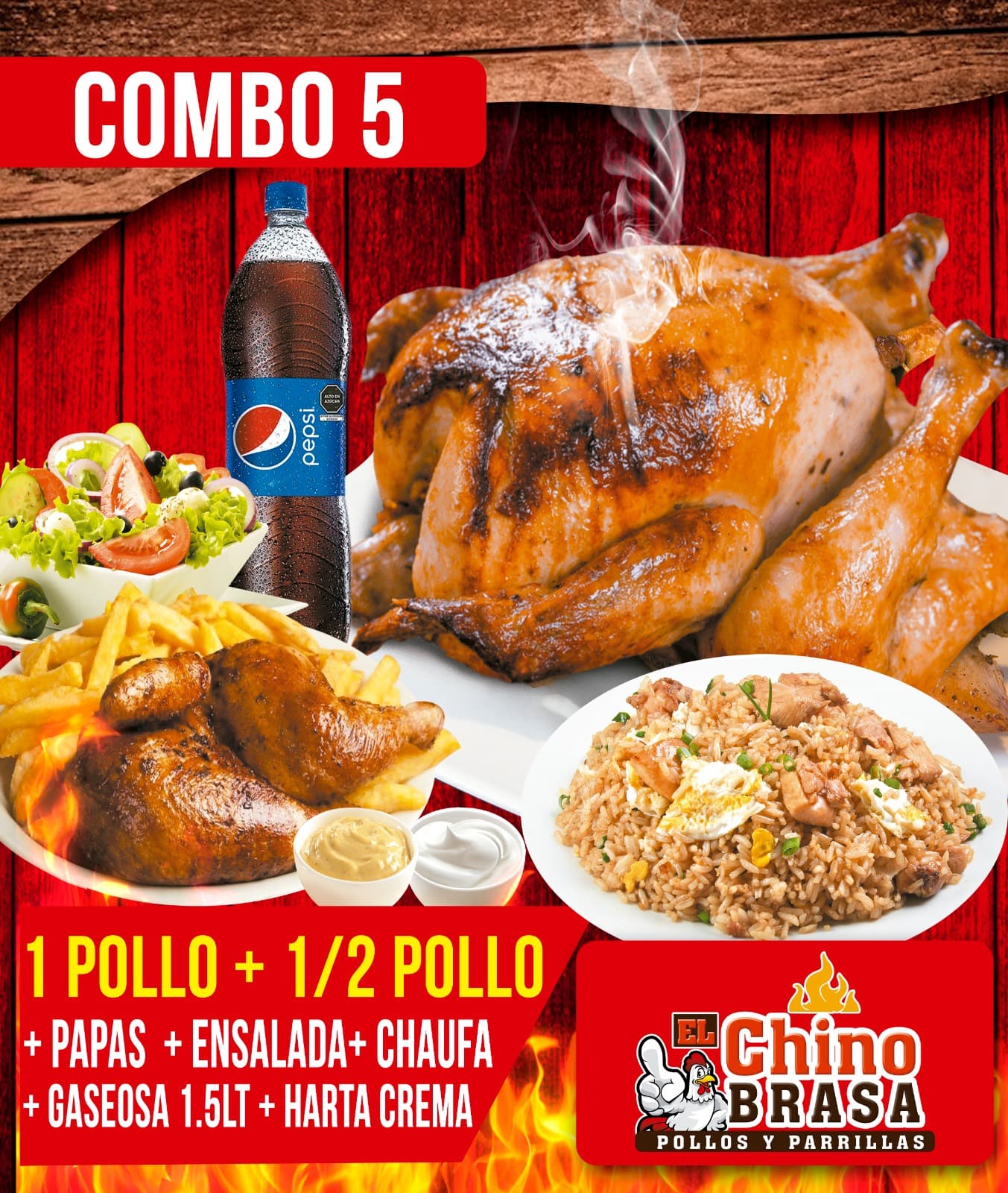 C5: 1 Pollo, 1/2 Pollo, Chaufa más Pepsi