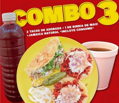 1 taco Birria, 2 tacos Adobada Maiz y 1 refresco