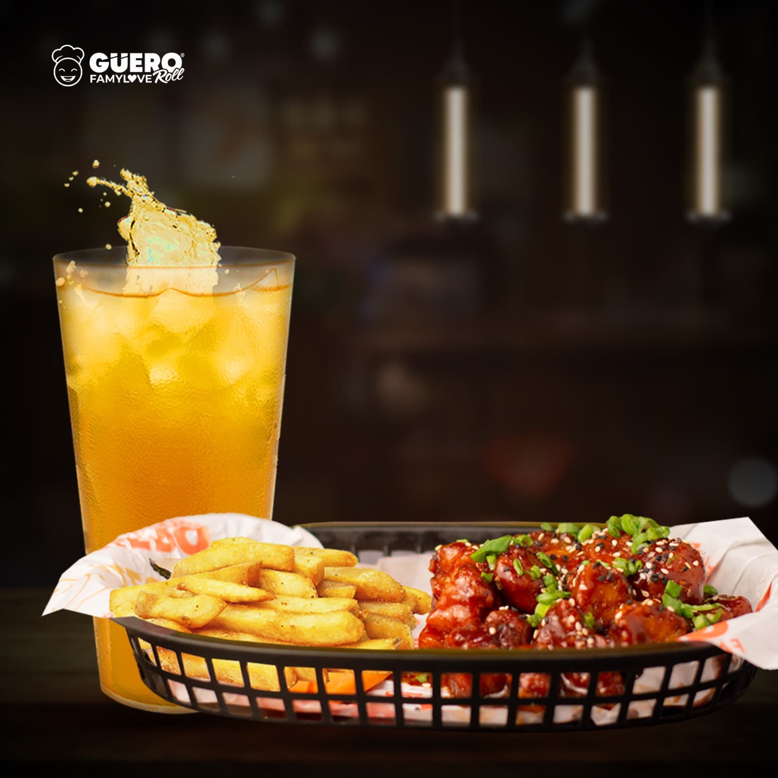 Alitas o Boneles + papas + ½ té