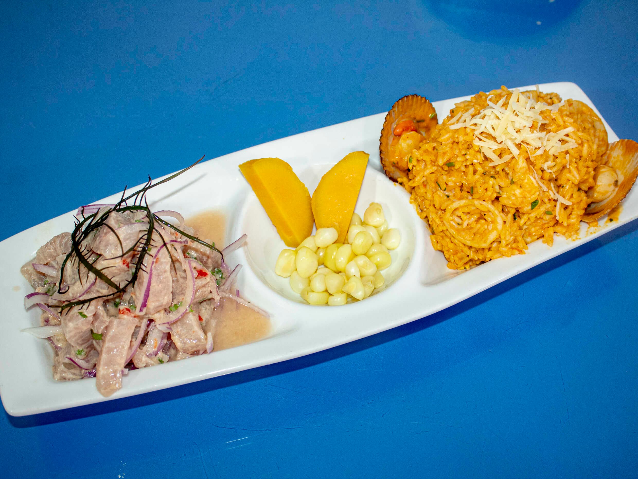 Ceviche de pescado + arroz con mariscos