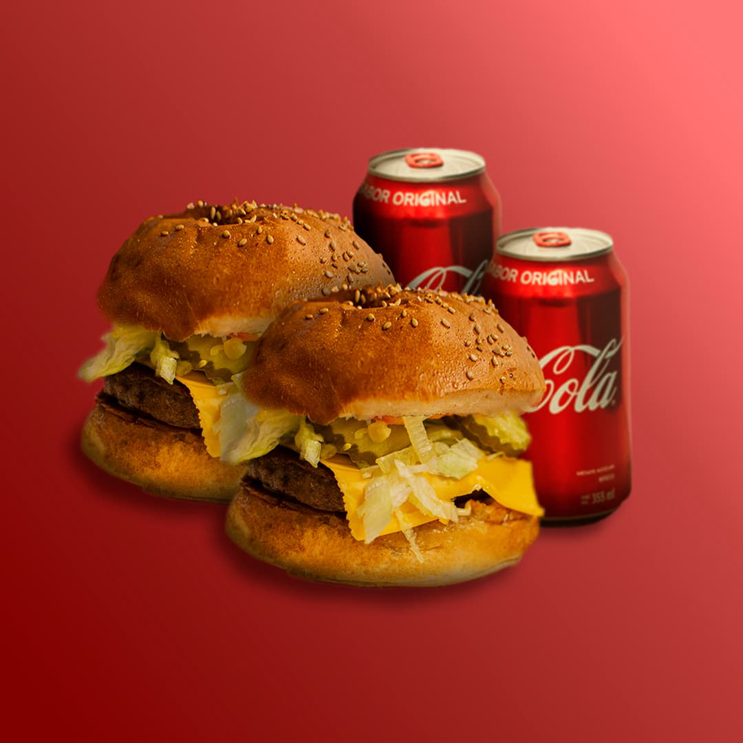 2 Hamburguesas Sencillas y 2 Coca Cola lata 355 ml