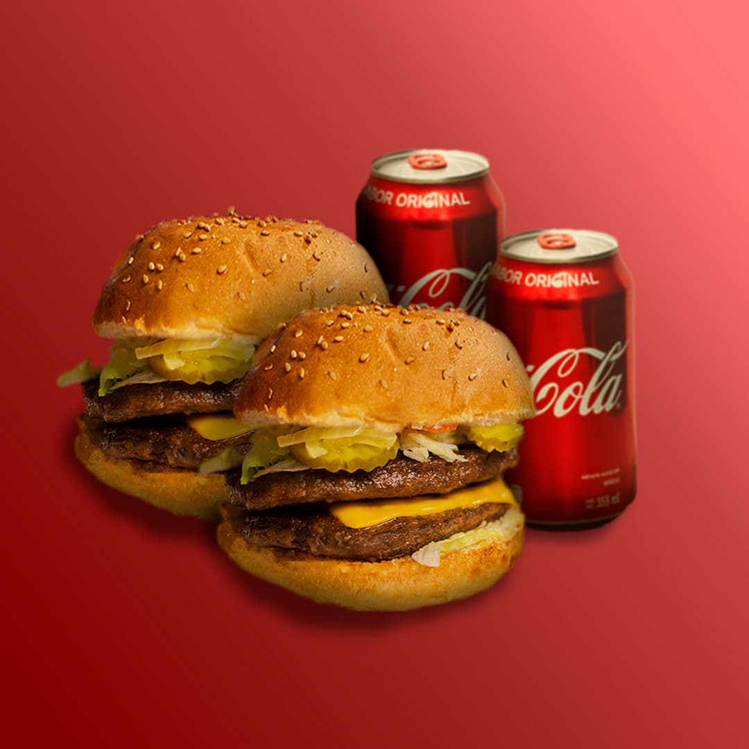 2 Hamburguesas Dobles y 2 Coca Cola lata 355 ml