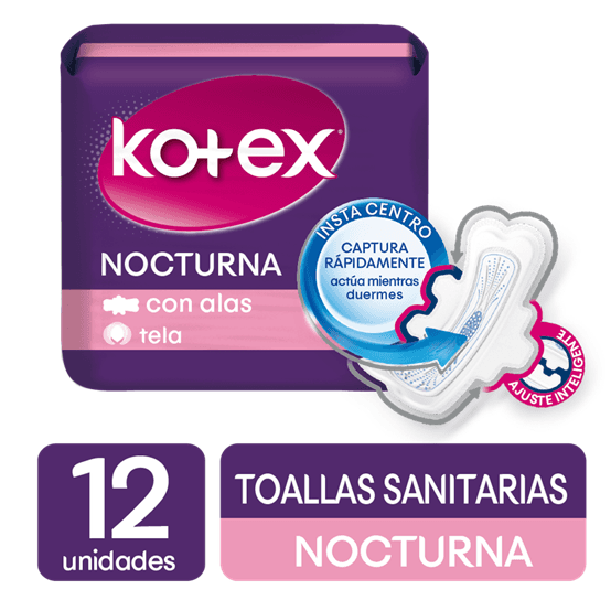 Toalla Sanitaria Nocturna Kotex Con Alas Bolsa 12 Uds
