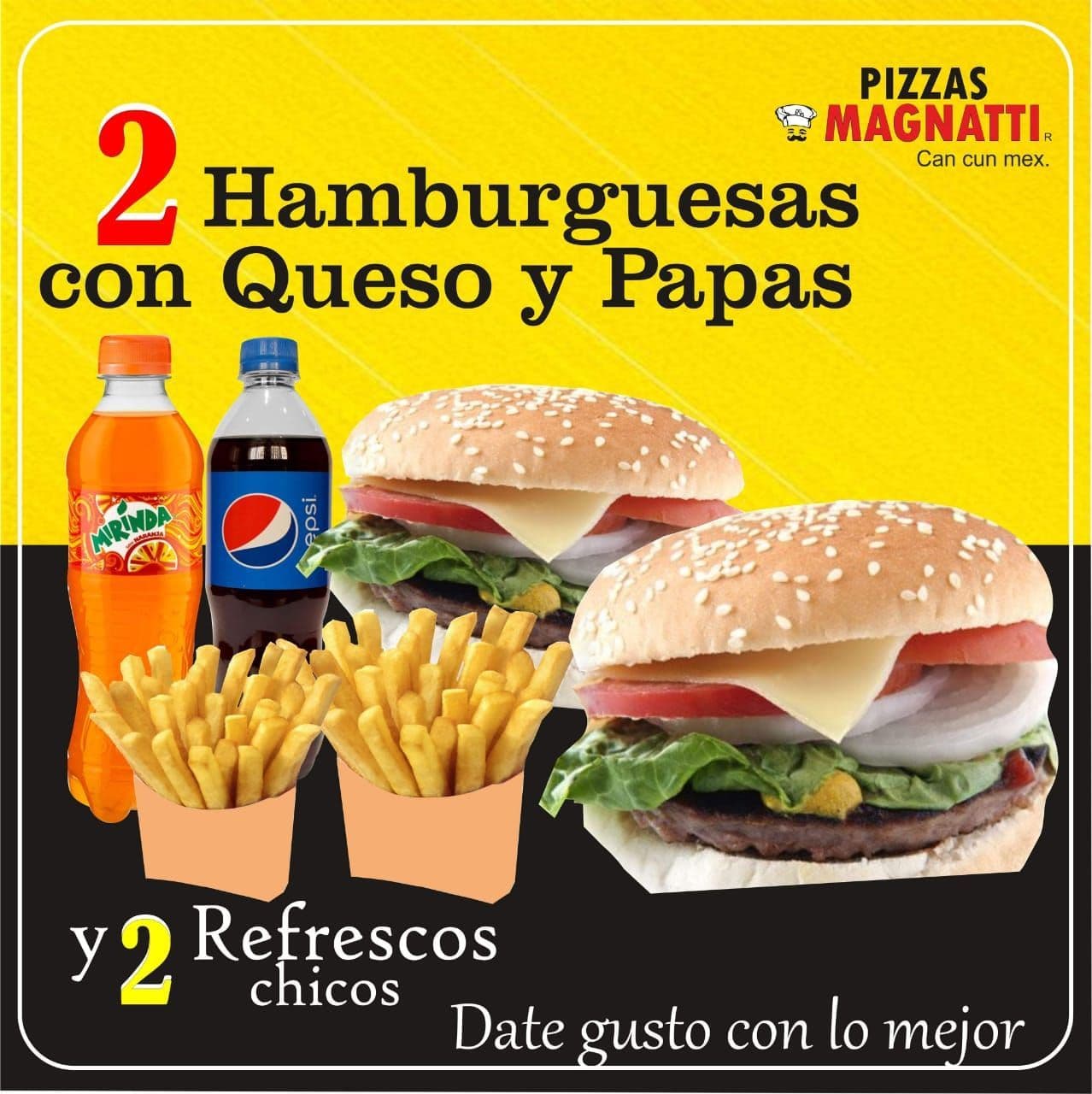 2 hamburguesas con queso y 2 refrescos chicos
