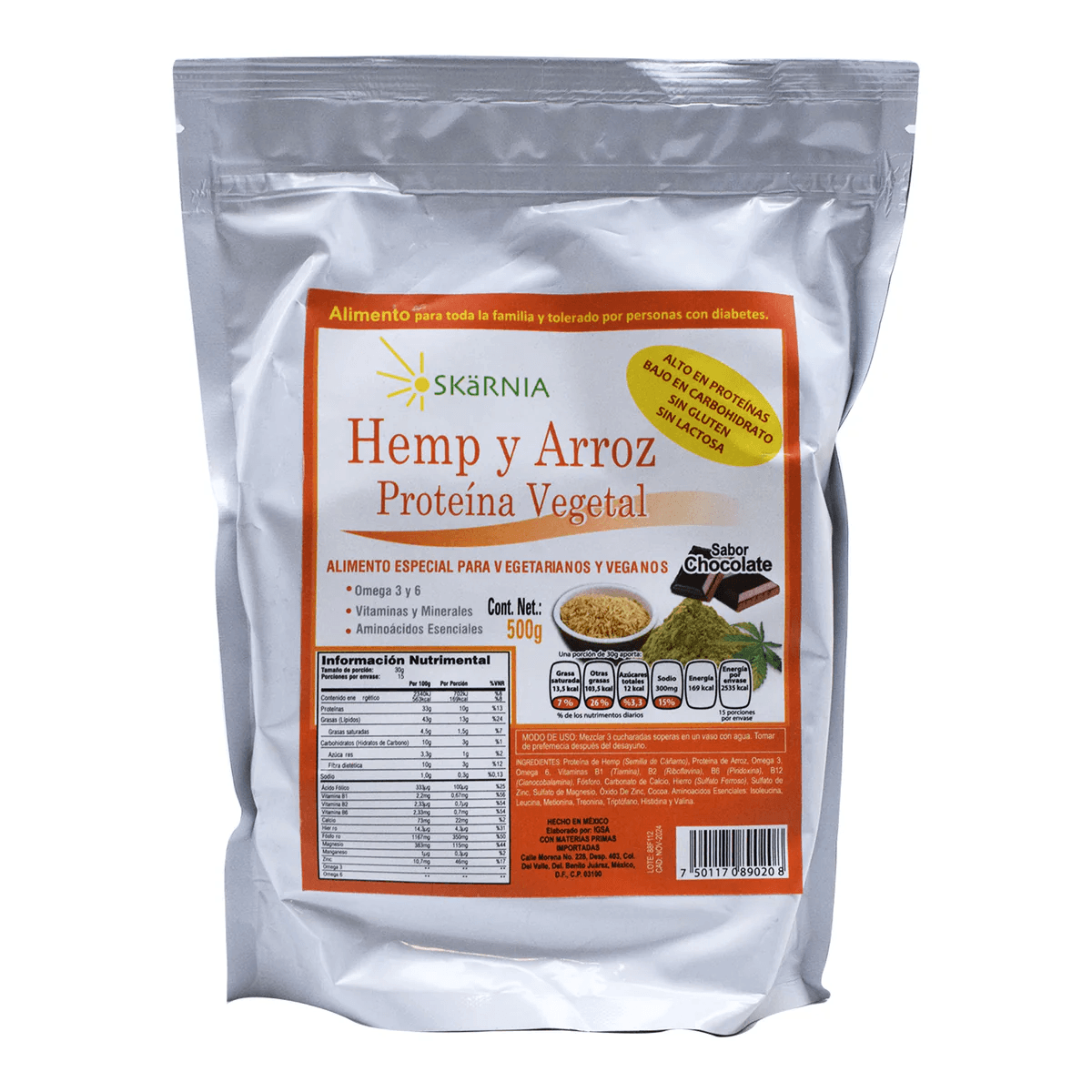 PROTEINA DE HEMP Y ARROZ SAB CHOCOLATE 500 G
