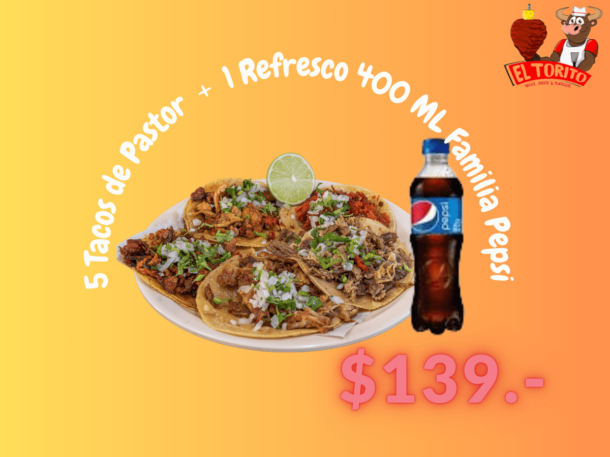 Combo 5 Tacos de Pastor +1 Refresco 400ml