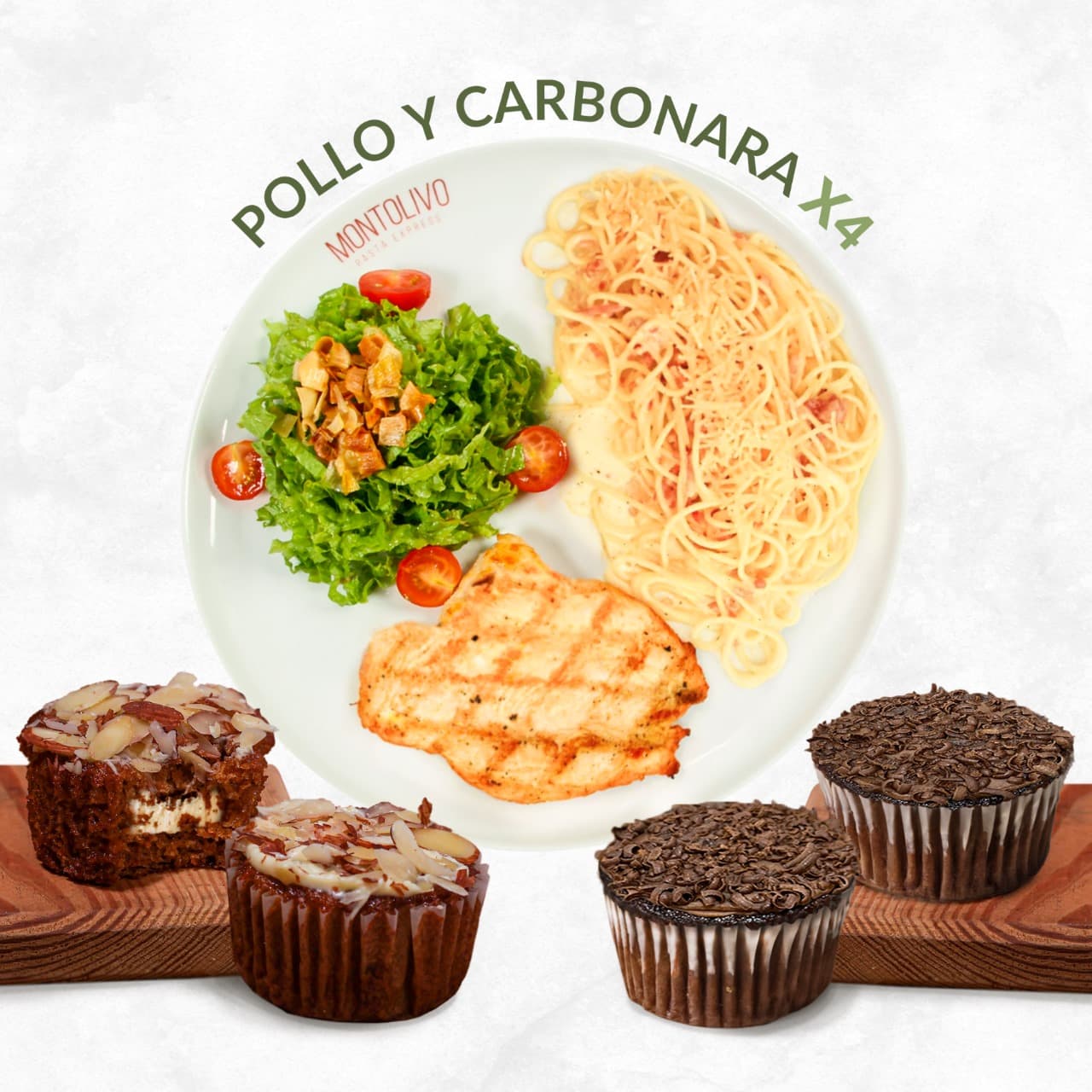 Combo 4Arma tu plato pollo + carbonara + 4 postres
