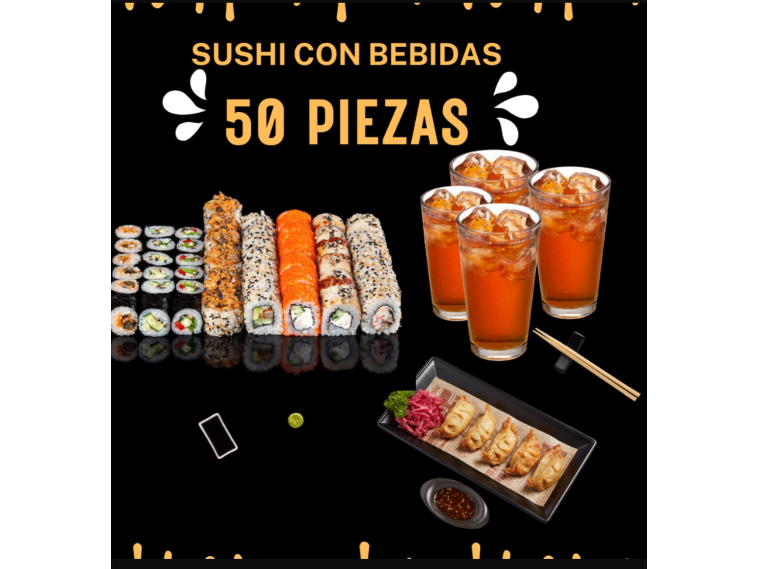 🎉💥50 Piezas Sushi + 4 TE FRIOS + 4 gyozas.