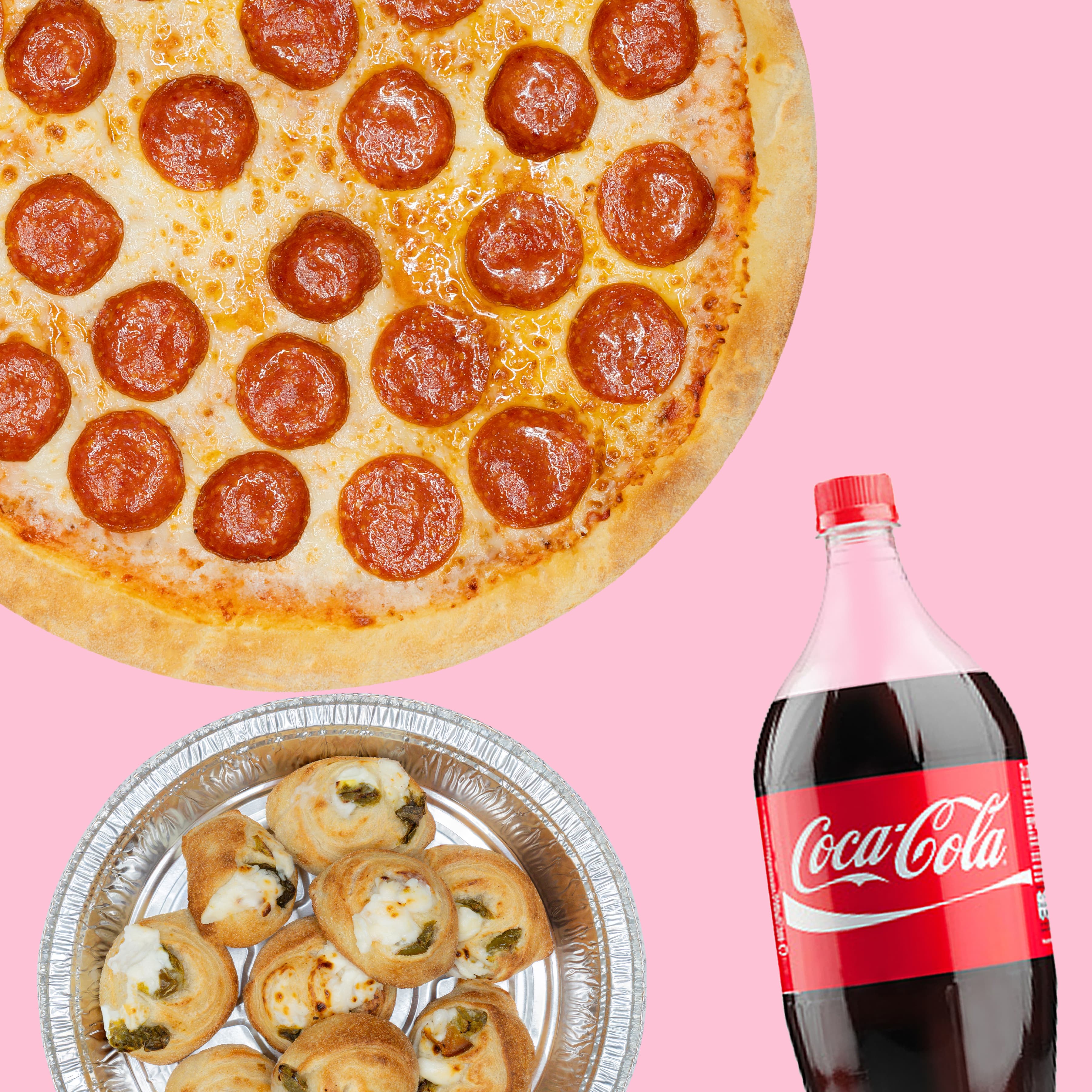 PIZZA CHEESY POPPERS SODA