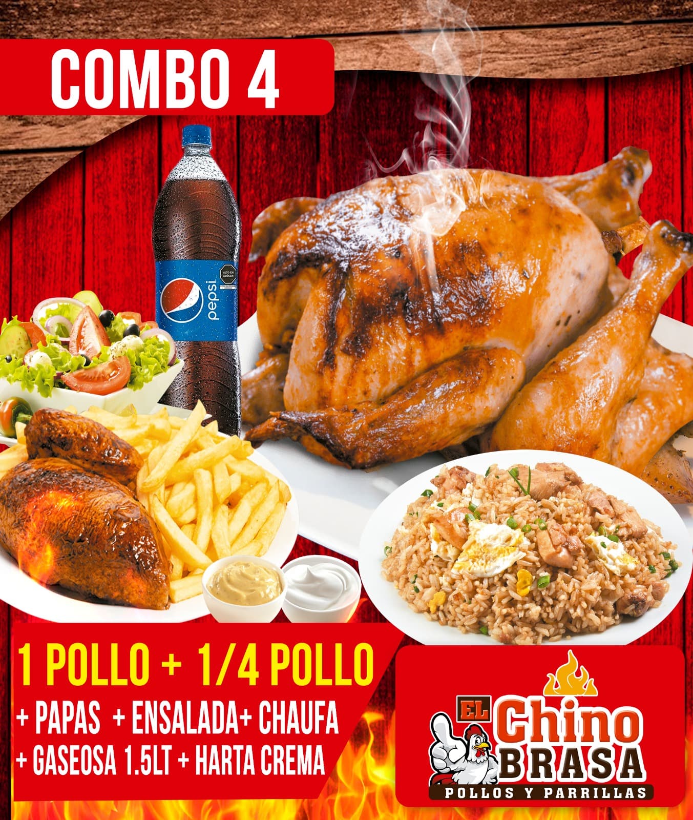 C4: 1 Pollo, 1/4 Pollo, Chaufa más Pepsi