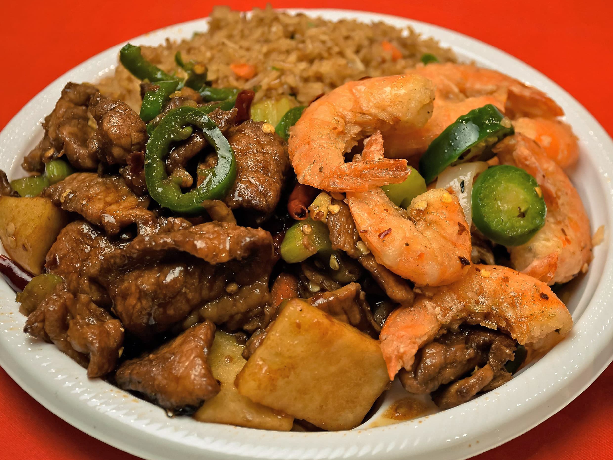 Arroz o Espagueti con 1 Guiso y Camarón