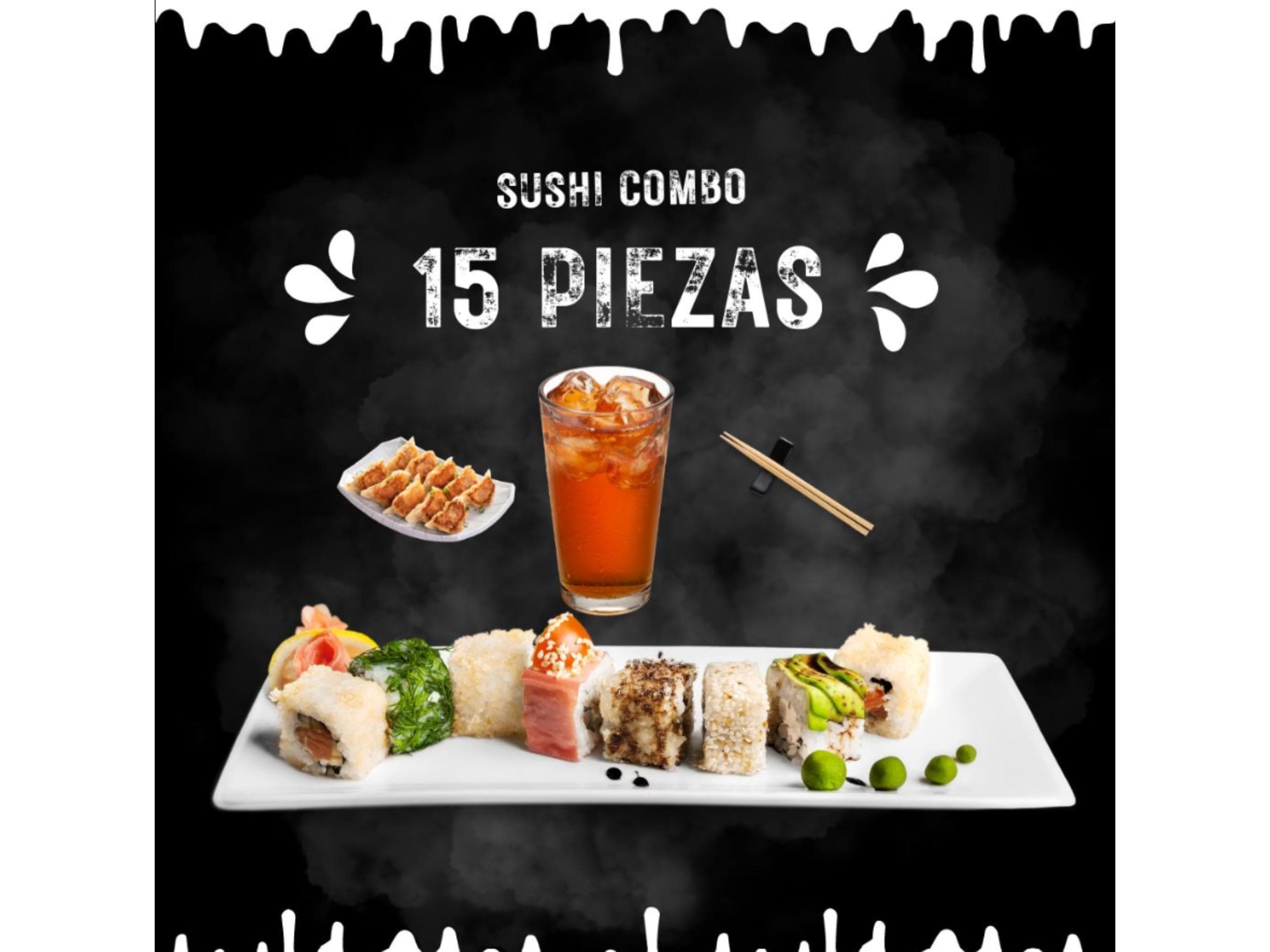 Combo (15 Piezas + 3 Gyozas + 1 Té frio).