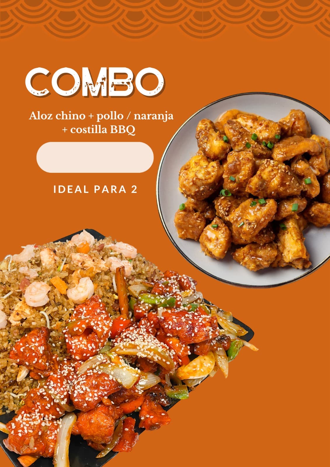 Combo Aloz Chino + Pollo Naranja + Costilla BBQ