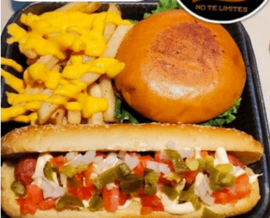 Hot Dog Grande, Papas y Hamburguesa Brioche