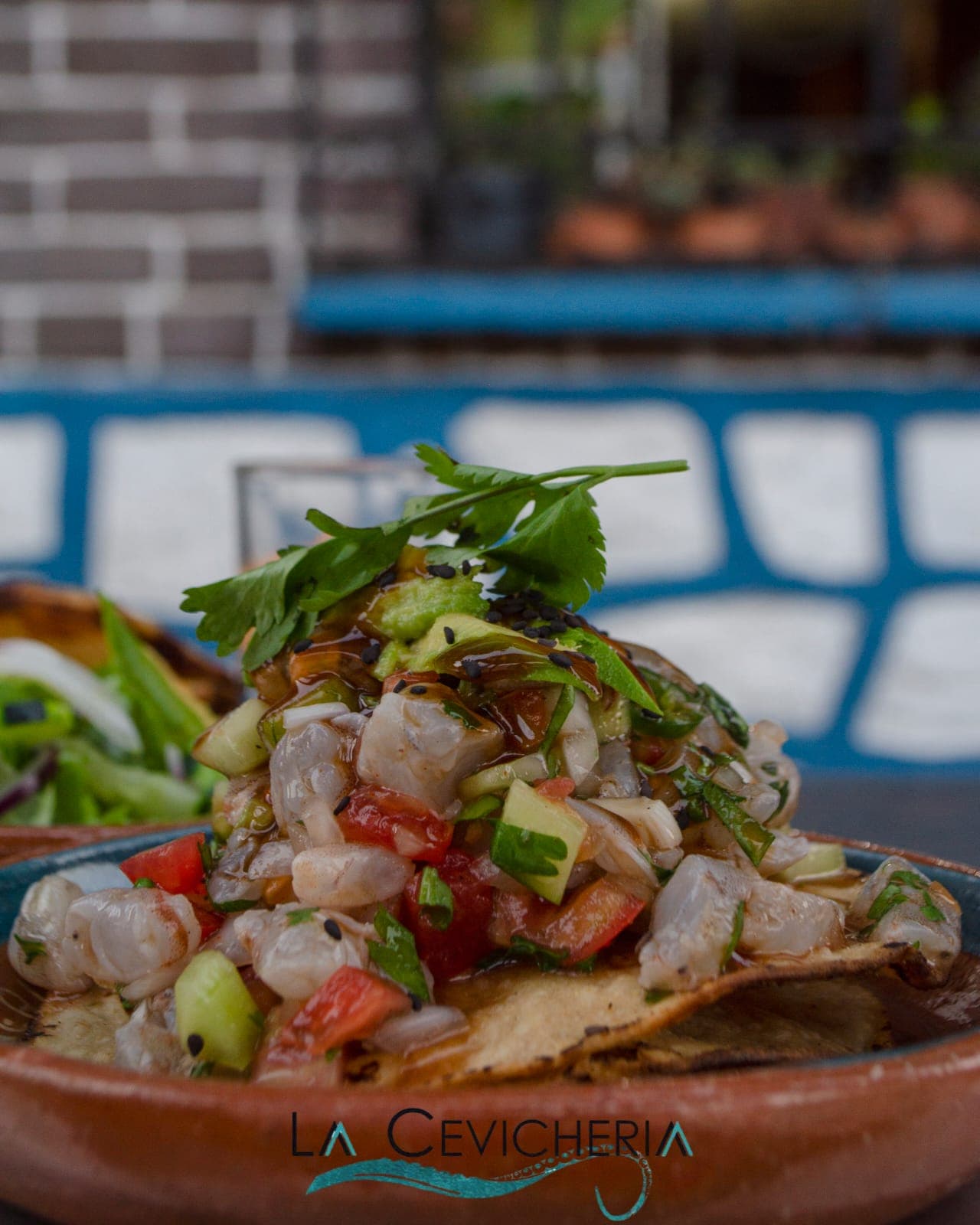 Tostada de Ceviche Rojo de Camarón.