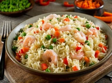 Arroz Blanco con Camarones y verduras en salsa