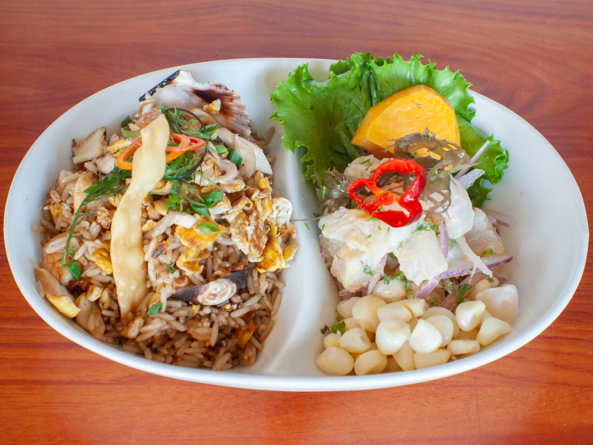 Ceviche de Pescado más Arroz con Mariscos