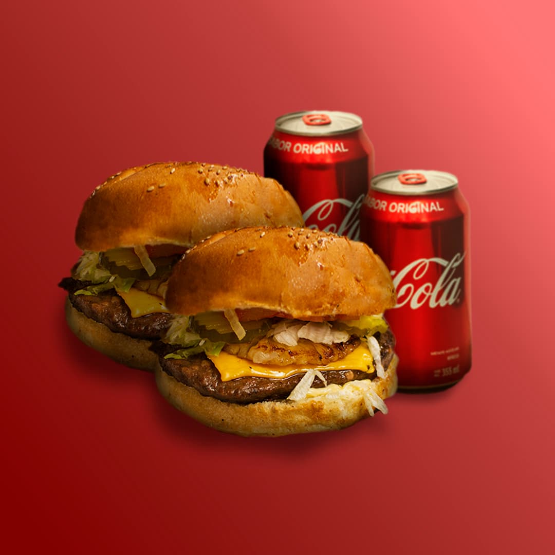 2 Hamburguesas Hawaianas y 2 Coca Cola lata 355 ml