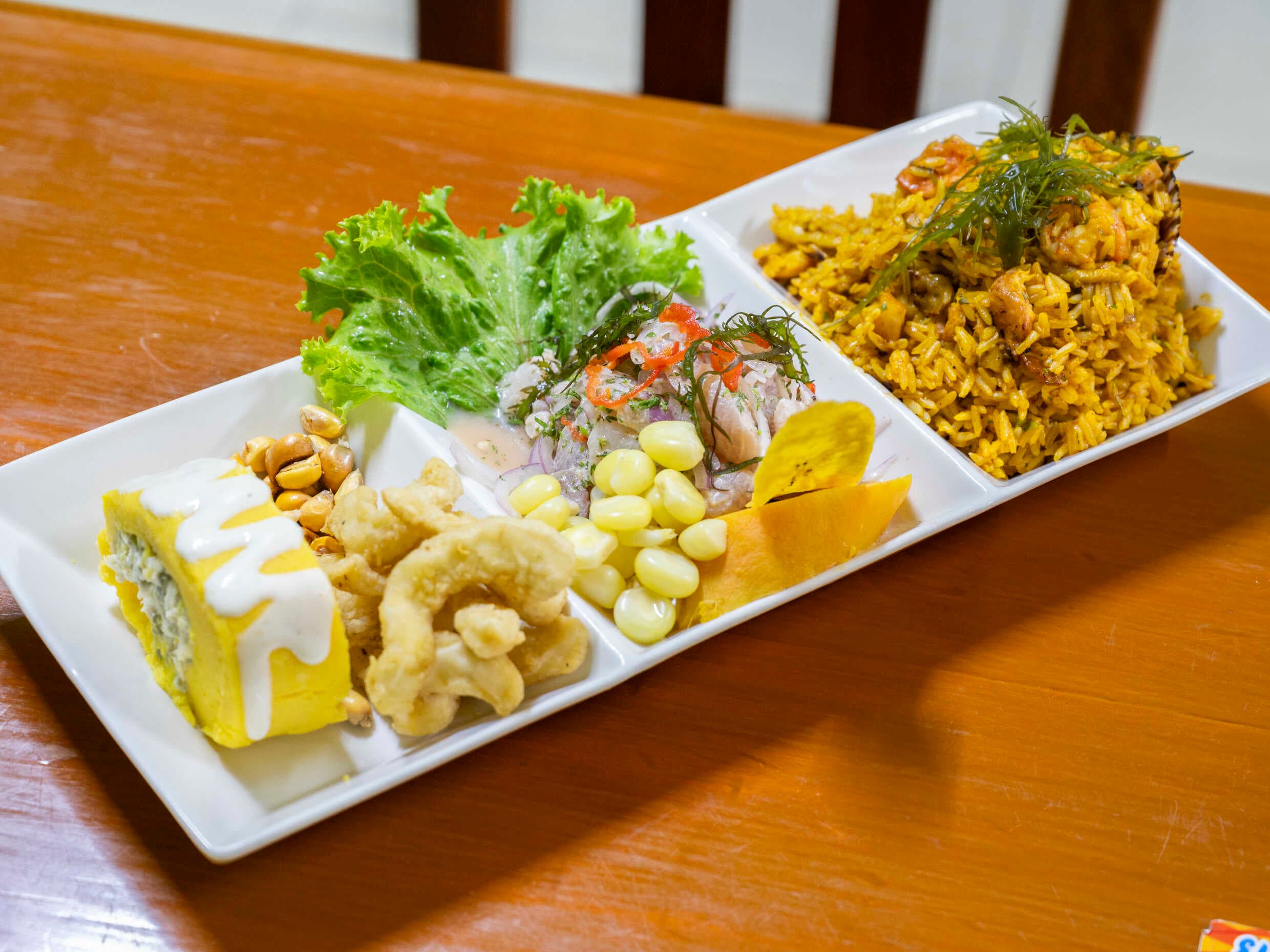 Arroz con Mariscos, Ceviche de pescado y Causa