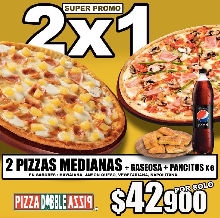 2 Pizzas Medianas + Gaseosa 1.5 + Pancitos x6