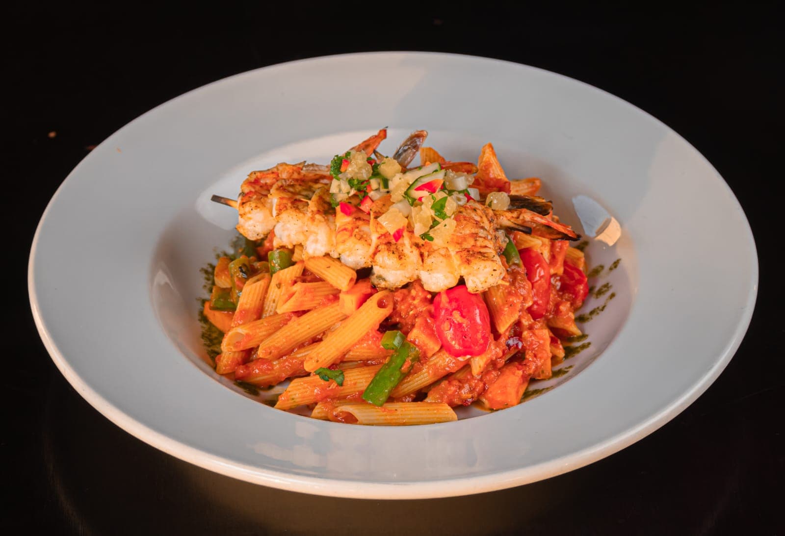 Penne Arrabiata con Camarones