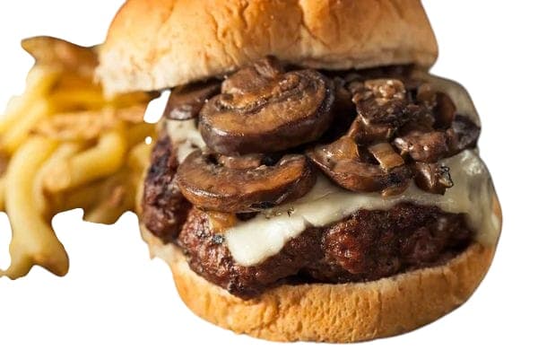 BURGER CON CHAMPINON Y TOCINO  + PAPAS