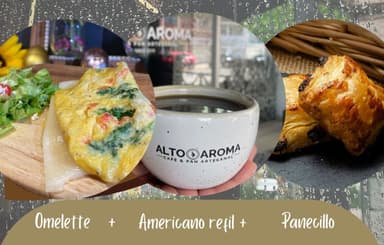 Omelette + americano chico caliente + mini panecil