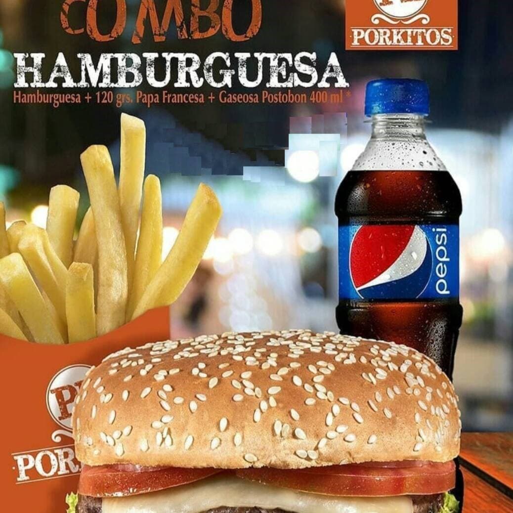 Combo Hamburguesa Porkitos + Papas + Bebida 400ml