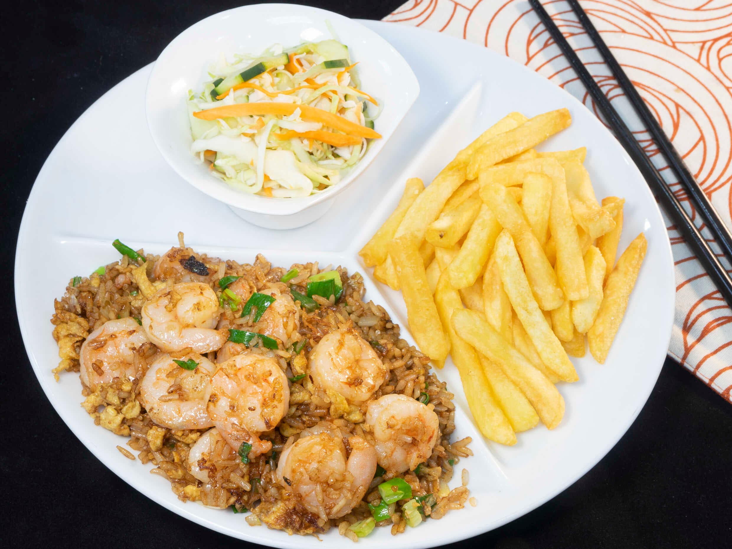 E#3 - Camarones con Arroz, Papas Fritas y Ensalada