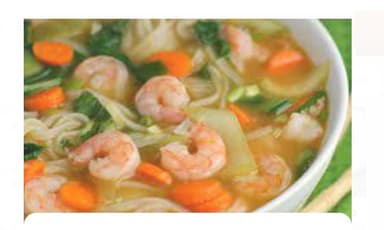 Sopa con Camarón, Verduras, Olores y Tallarín