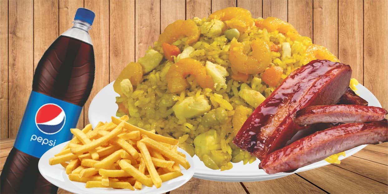 Combo Arroz Camarón y Pollo + Papas + Bebida