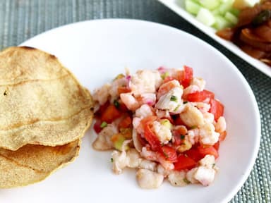 Tostada de Ceviche Mixto, Pescado y Camarón