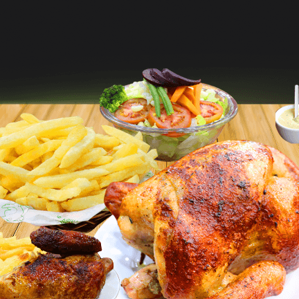 1 Pollo + Papas + Ensalada + Cremas + 1/4 Pollo