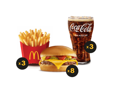 8 Hamburguesas con Queso, 3 McPapas ® Medianas y 3 Bebidas Media