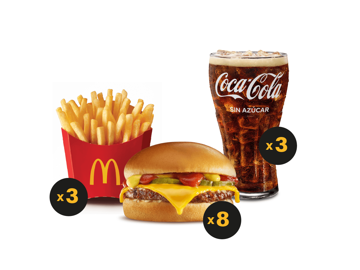8 Hamburguesas con Queso, 3 McPapas ® Medianas y 3 Bebidas Media